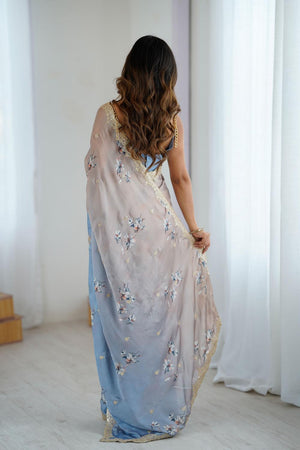 Grey Floral Printed with Sequin Embroidered Satin Saree