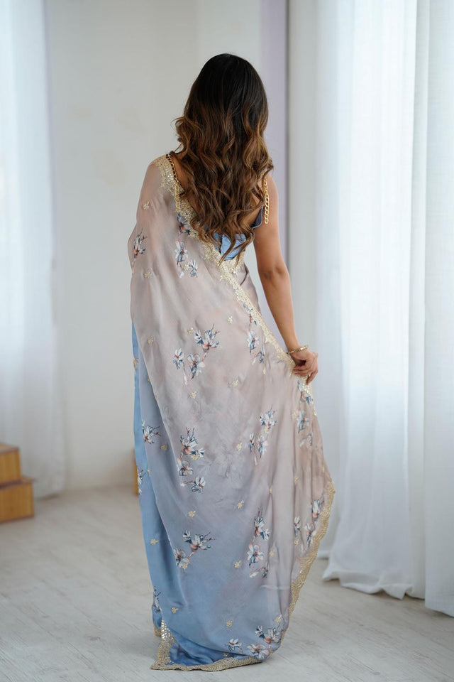 Grey Floral Printed with Sequin Embroidered Satin Saree