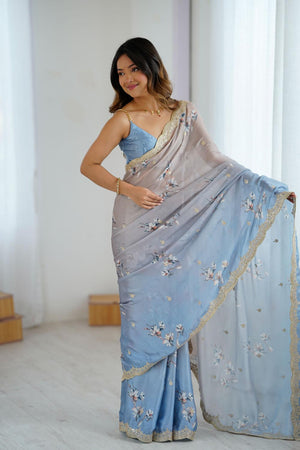 Grey Floral Printed with Sequin Embroidered Satin Saree