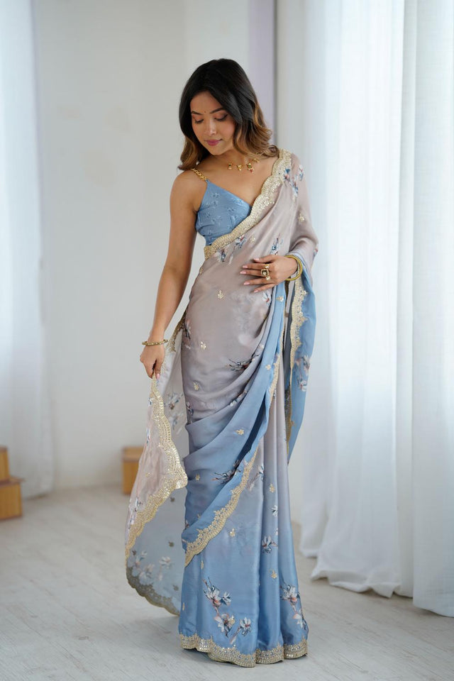 Grey Floral Printed with Sequin Embroidered Satin Saree