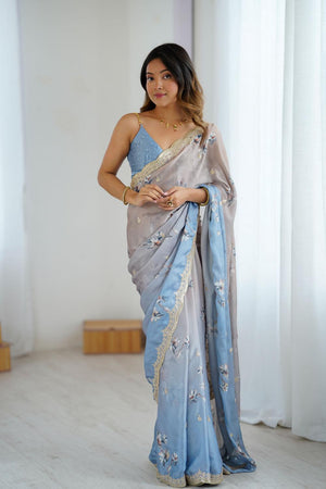 Grey Floral Printed with Sequin Embroidered Satin Saree