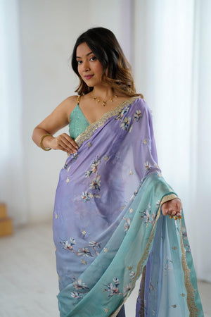 Lavender Floral Printed with Sequin Embroidered Satin Saree
