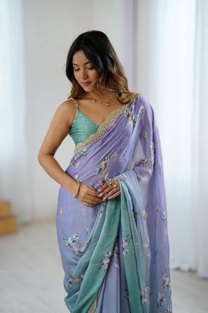 Lavender Floral Printed with Sequin Embroidered Satin Saree