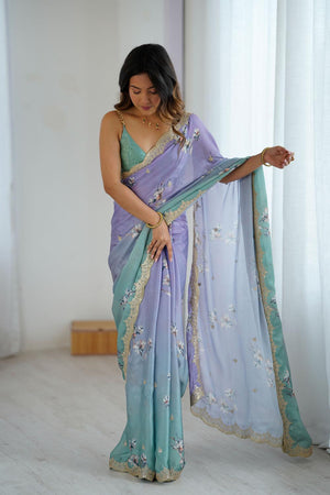 Lavender Floral Printed with Sequin Embroidered Satin Saree