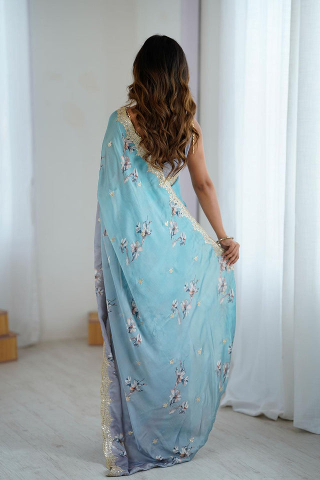 Blue Floral Printed with Sequin Embroidered Satin Saree
