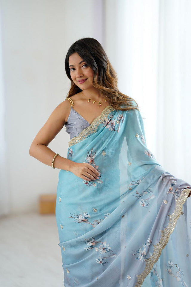 Blue Floral Printed with Sequin Embroidered Satin Saree