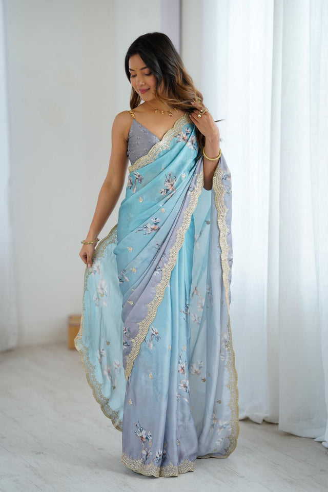 Blue Floral Printed with Sequin Embroidered Satin Saree