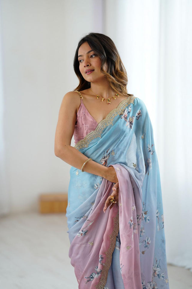 Blue Floral Printed with Sequin Embroidered Satin Saree