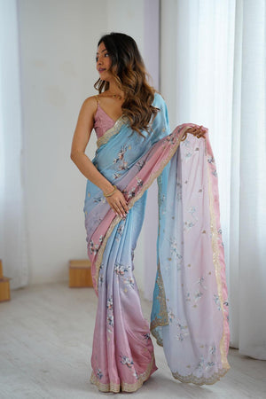 Blue Floral Printed with Sequin Embroidered Satin Saree