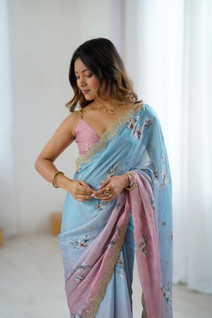 Blue Floral Printed with Sequin Embroidered Satin Saree