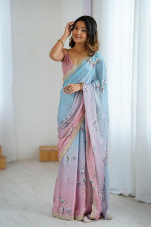 Blue Floral Printed with Sequin Embroidered Satin Saree