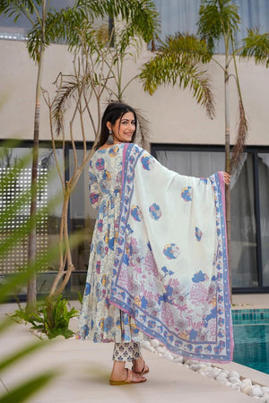 White Floral Printed Muslin Anarkali Suits (ACA5293)