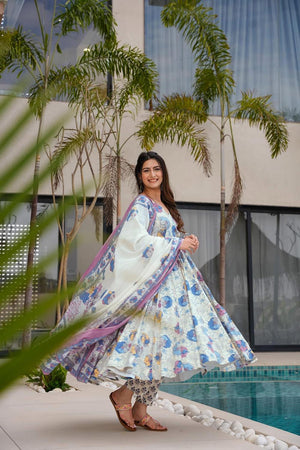 White Floral Printed Muslin Anarkali Suits (ACA5293)