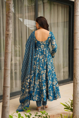 Blue Floral Printed Muslin Anarkali Suits (ACA5295)