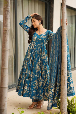 Blue Floral Printed Muslin Anarkali Suits (ACA5295)