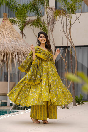 Olive Floral Printed Muslin Anarkali Suits (ACA5298)