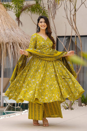 Olive Floral Printed Muslin Anarkali Suits (ACA5298)