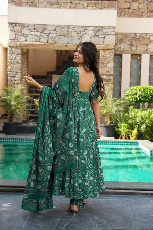 Green Floral Printed Muslin Anarkali Suits (ACA5299)