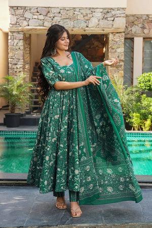 Green Floral Printed Muslin Anarkali Suits (ACA5299)
