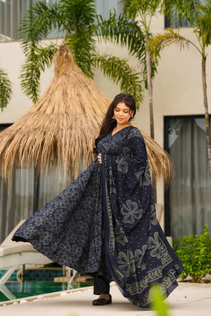 Blue Floral Printed Muslin Anarkali Suits (ACA5300)