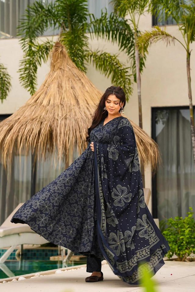 Blue Floral Printed Muslin Anarkali Suits (ACA5300)
