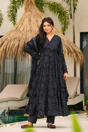 Blue Floral Printed Muslin Anarkali Suits (ACA5300)