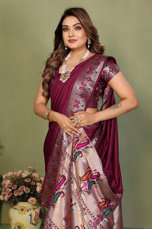 Wine Paithani Woven Silk Saree (ACA5302)