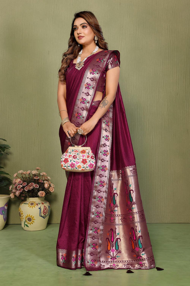 Wine Paithani Woven Silk Saree (ACA5302)