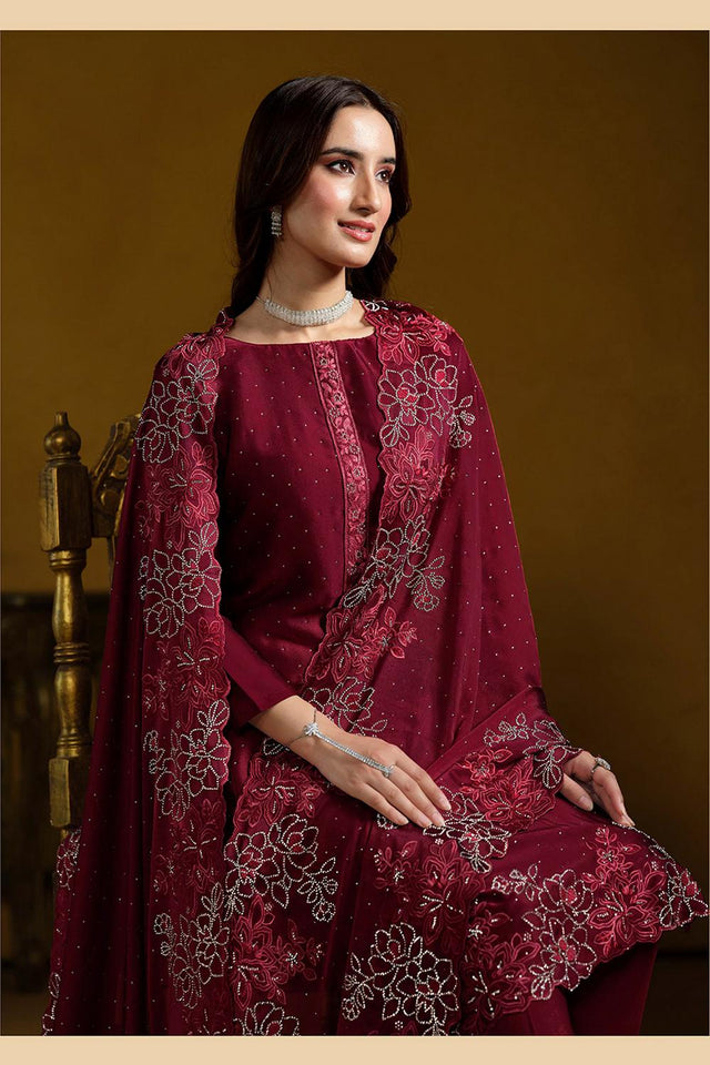 Maroon Embroidered Georgette Straight Cut Suits (ACA5310)