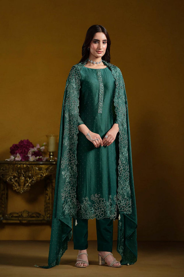 Green Embroidered Georgette Straight Cut Suits (ACA5311)