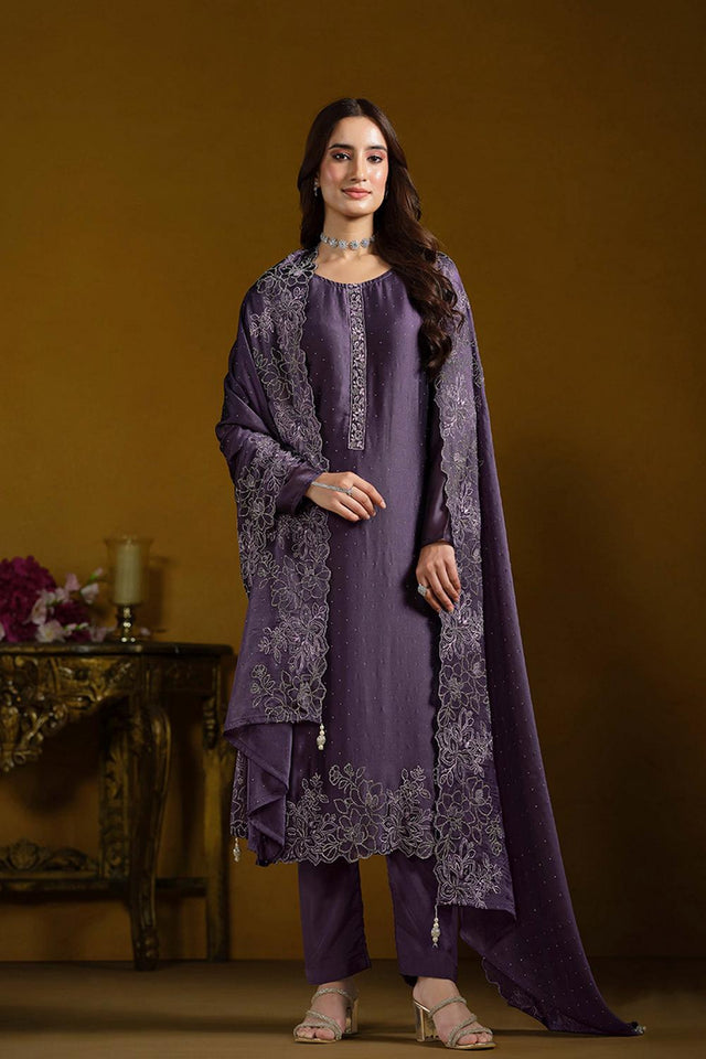 Lavender Embroidered Georgette Straight Cut Suits (ACA5312)
