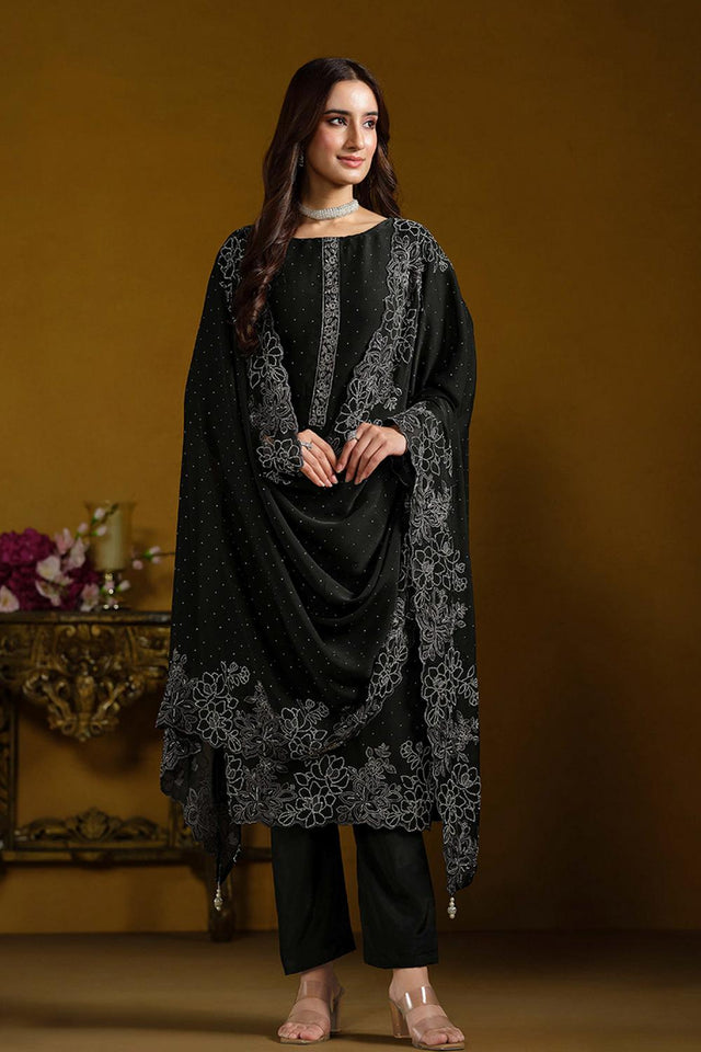 Black Embroidered Georgette Straight Cut Suits (ACA5313)