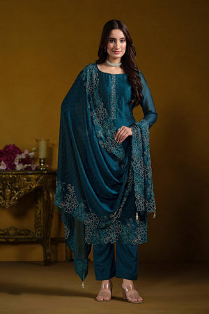 Blue Embroidered Georgette Straight Cut Suits (ACA5314)