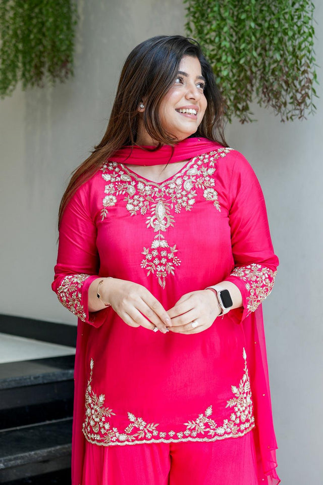 Pink Floral Embroidered Crepe Palazzo Suits (ACA5321)