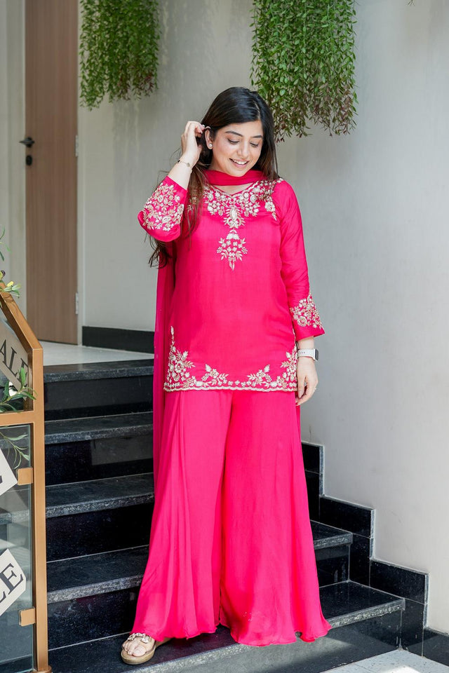Pink Floral Embroidered Crepe Palazzo Suits (ACA5321)