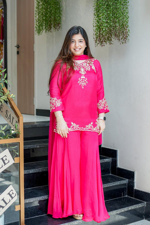 Pink Floral Embroidered Crepe Palazzo Suits (ACA5321)