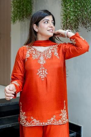 Orange Floral Embroidered Crepe Palazzo Suits (ACA5322)