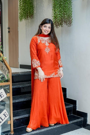 Orange Floral Embroidered Crepe Palazzo Suits (ACA5322)