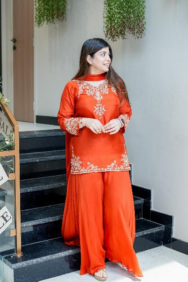 Orange Floral Embroidered Crepe Palazzo Suits (ACA5322)