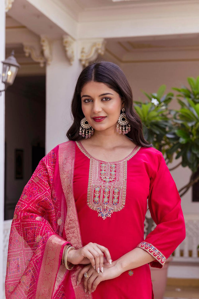 Pink Floral Embroidered Chanderi Straight Cut Suits (ACA5323)