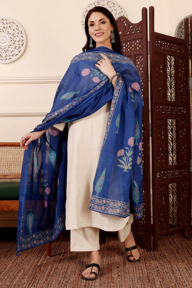 Off White Solid Chanderi Kurti Pant Set (ACA5325)