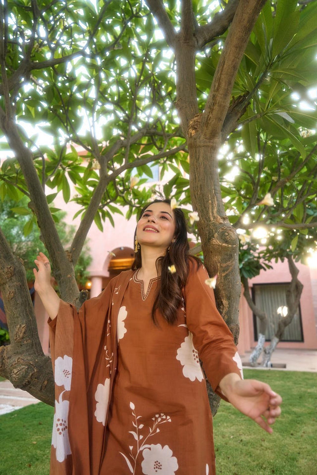 Rust Solid Muslin Kurti Pant Set (ACA5326)