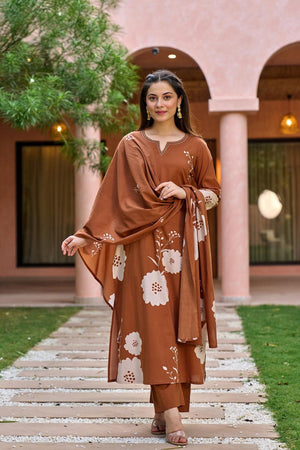 Rust Solid Muslin Kurti Pant Set (ACA5326)