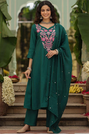 Green Floral Embroidered Rayon Anarkali Suits (ACA5327)