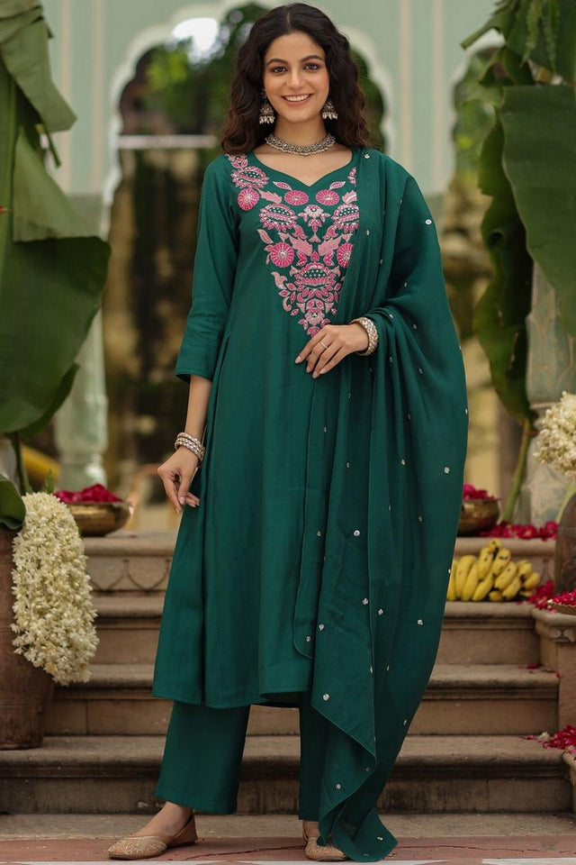 Green Floral Embroidered Rayon Anarkali Suits (ACA5327)