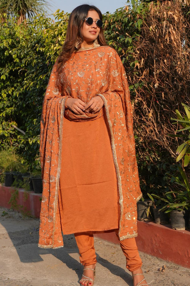 Rust Solid Silk Kurti Pant Set (ACA5330)