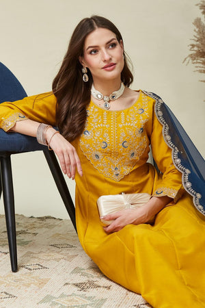 Yellow Floral Embroidered Silk Kurti Pant Set (ACA5332)