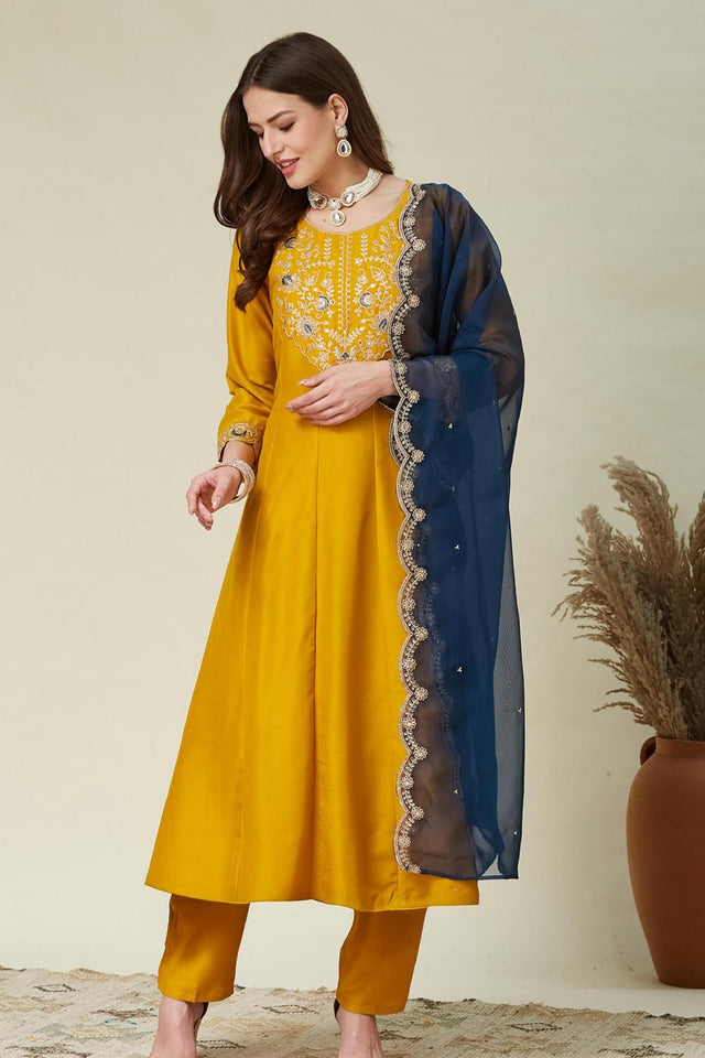 Yellow Floral Embroidered Silk Kurti Pant Set (ACA5332)