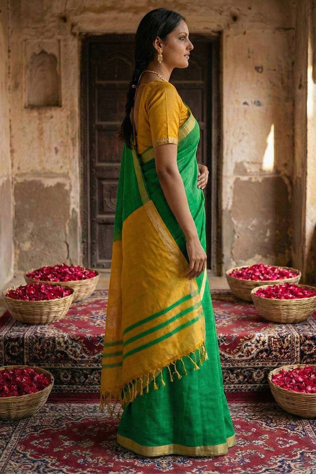 Green Woven Cotton Saree (ACA5346)