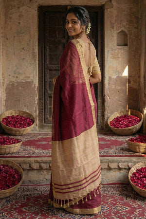 Wine Woven Cotton Saree (ACA5348)